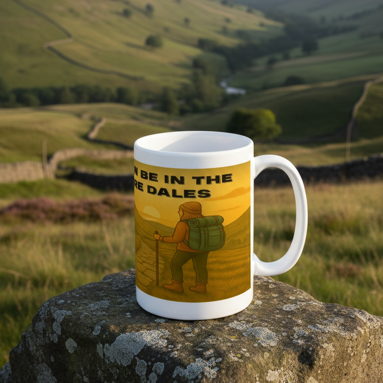 White ceramic mug with hiker and "I'd Rather Be in the Yorkshire Dales" text on yellow background.