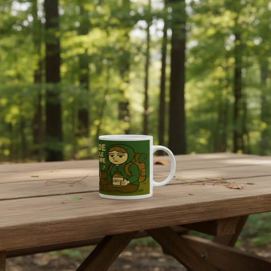 Mug with a graphic design of a person holding a coffee cup on a wooden table.
