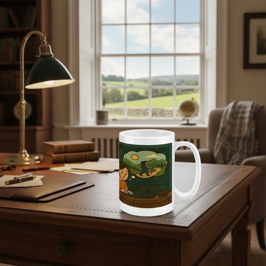 Mug with a design of a character and landscape on a desk in a room with a window view.