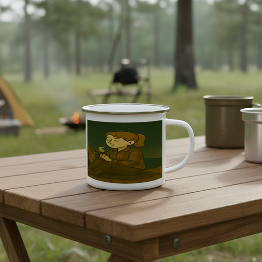 Camping scene with a mug featuring a person by a campfire on a wooden table.