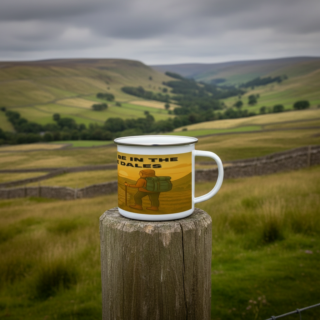 White enamel mug with "I'd Rather Be in the Yorkshire Dales" text and mountain design on wooden post outdoors.