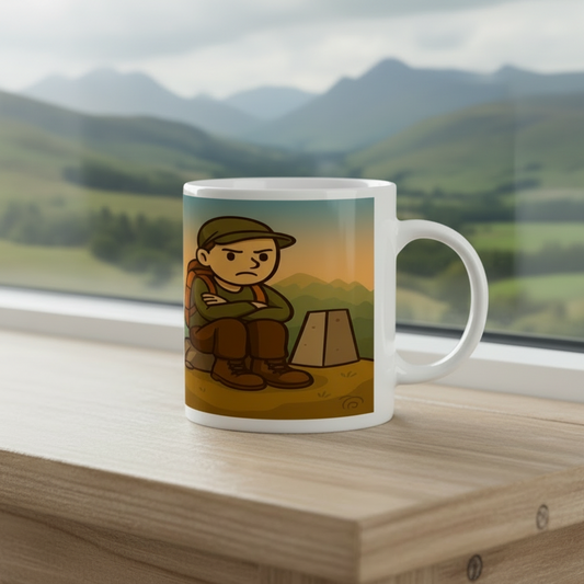 Mug with a cartoon character design on a wooden surface