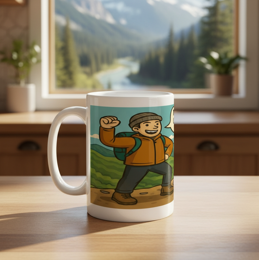Mug with a design of a person in an orange jacket in a mountainous landscape, placed on a wooden surface with a window view of mountains and trees.