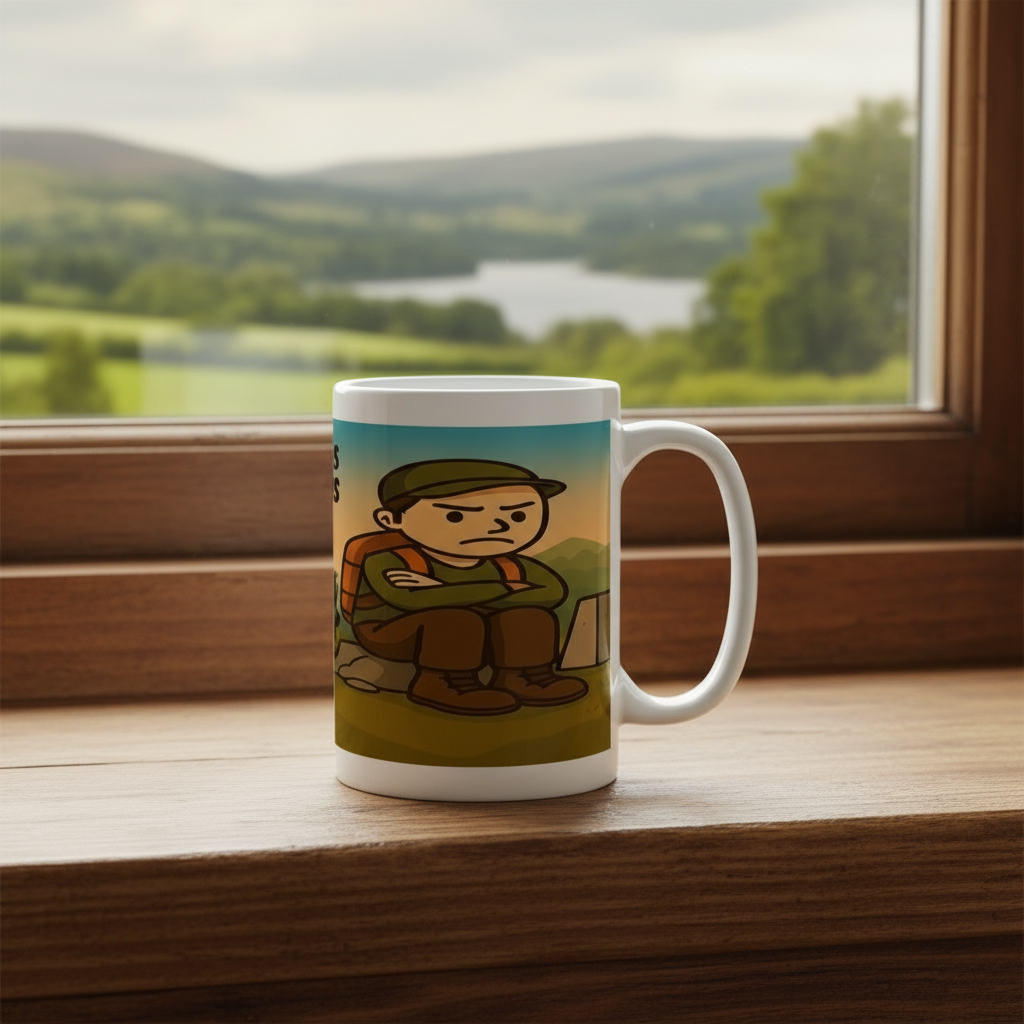 Mug with a cartoon character design on a wooden table