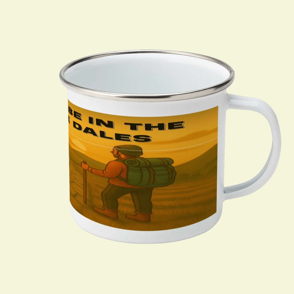 White enamel mug with silver rim featuring a hiker illustration and "I'd Rather Be in the Yorkshire Dales" text.