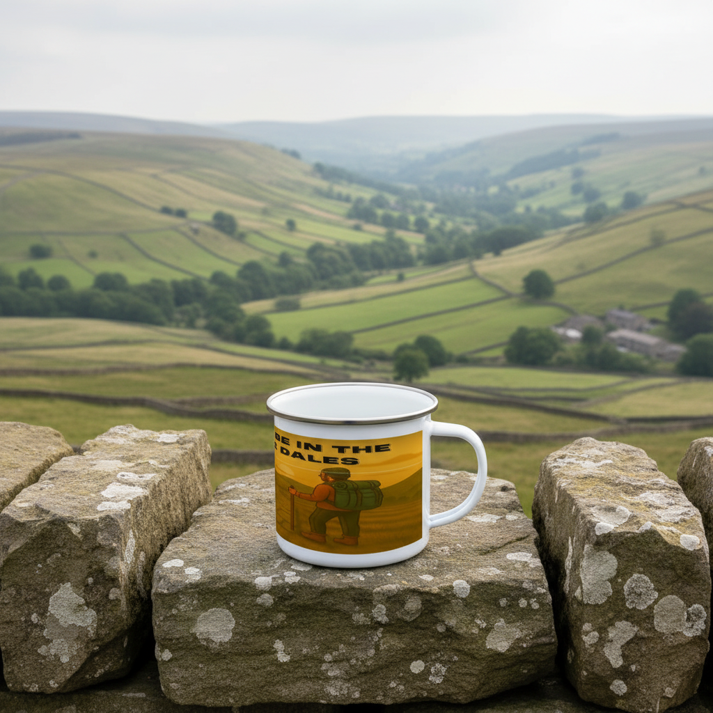 White enamel mug with yellow "I'd Rather Be in the Yorkshire Dales" design, outdoors on stone wall.