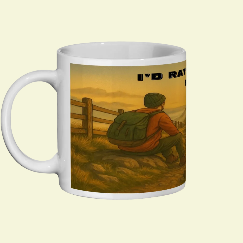 White ceramic mug with a hiker sitting on grass near a wooden fence at sunset.