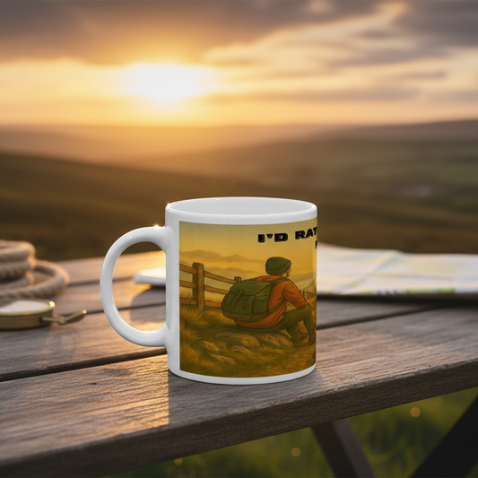 White ceramic mug with hiking-themed illustration and "I'D RATHER BE IN THE PEAK" text on wooden surface at sunset.