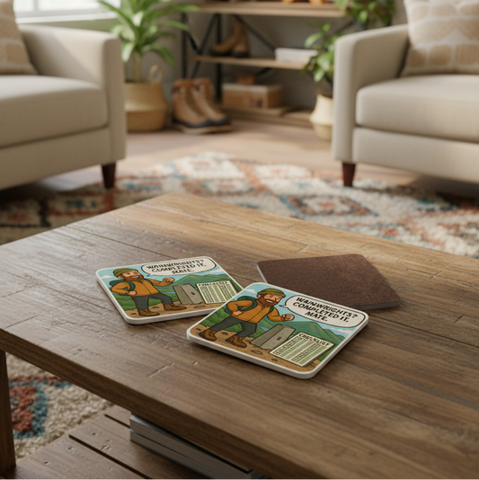 Two coasters with a bear design on a wooden coffee table in a living room.