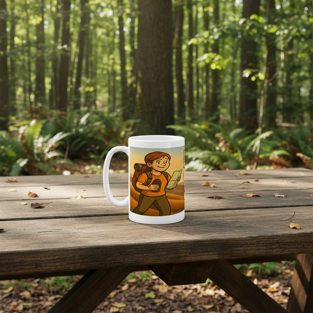 Mug with a design of a person hiking on a wooden surface