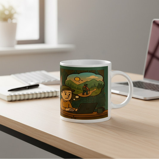 Mug with a design of a person using a laptop outdoors on a desk with a laptop and notebook.