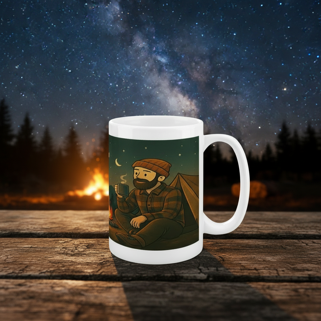 Mug with a graphic of a bearded man by a campfire on a kitchen counter.