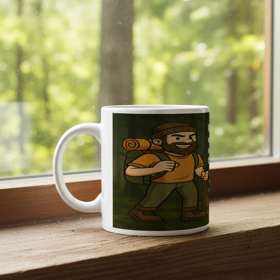 Mug with a graphic of a bearded man with a backpack on a wooden surface with a window in the background.