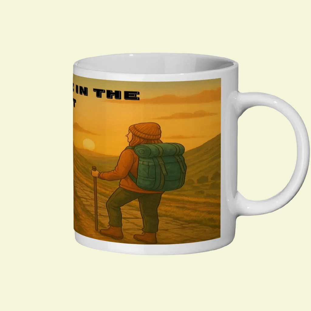 White ceramic mug with illustration of a hiker overlooking a sunset landscape.