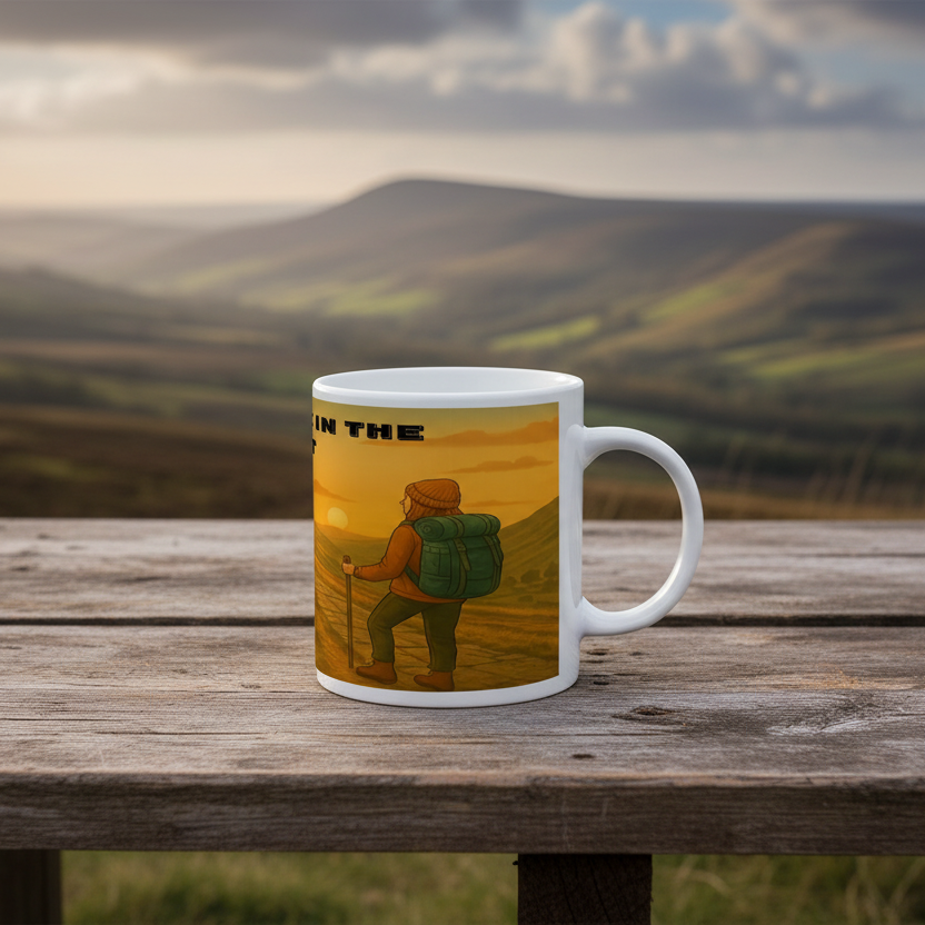 White ceramic mug with illustration of hiker overlooking hills and text "I’d Rather Be in the Peak District".