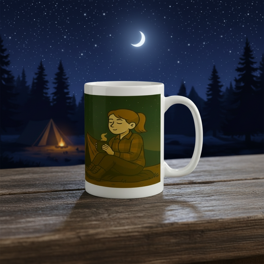 Mug with a graphic design of a person sitting on a wooden table.