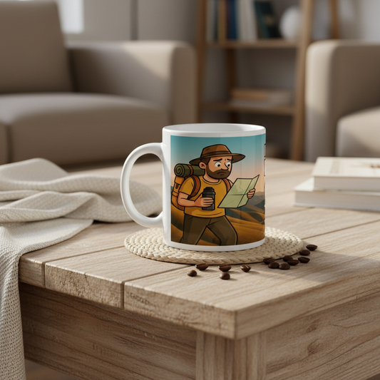 Mug with a cartoon character of a hiker on a wooden table in a cozy living room.