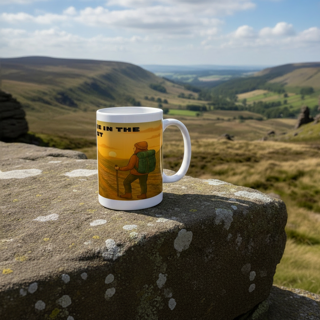 White ceramic mug with hiking design and text "I’d Rather Be in the Peak District," placed on stone ledge in scenic hilly.