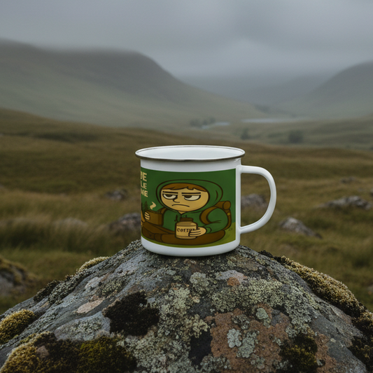 Mug with cartoon character on a wooden table in a park setting