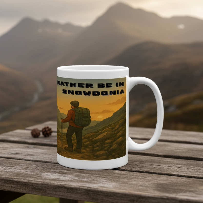 White ceramic 15oz mug with hiker illustration and "I'd Rather Be in Snowdonia" text in black.