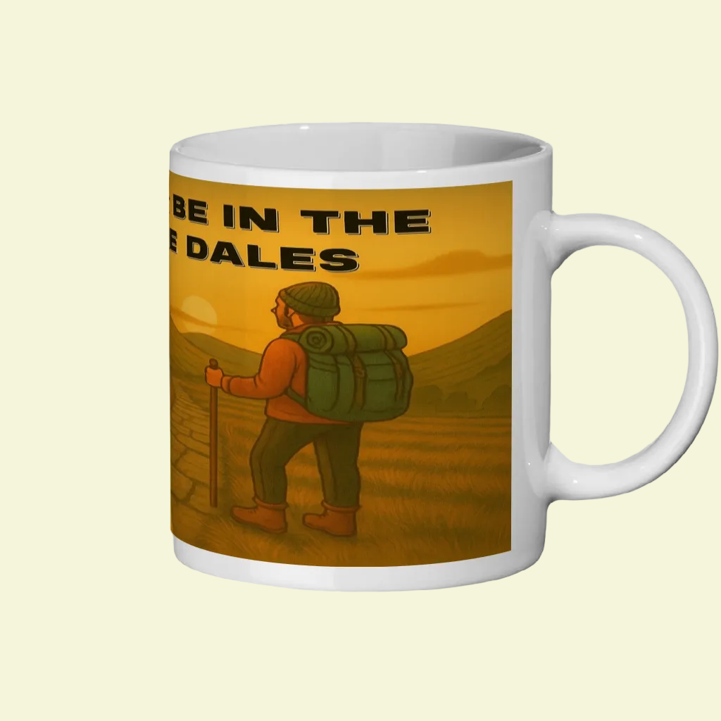 White ceramic mug with hiking illustration and text "I'd Rather Be in the Yorkshire Dales".