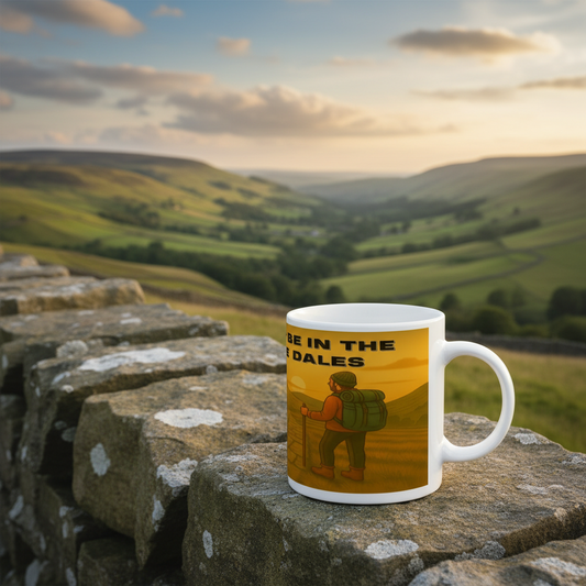 White ceramic mug with hiking illustration and "I'd Rather Be in the Yorkshire Dales for Him" text on stone wall overlooking .