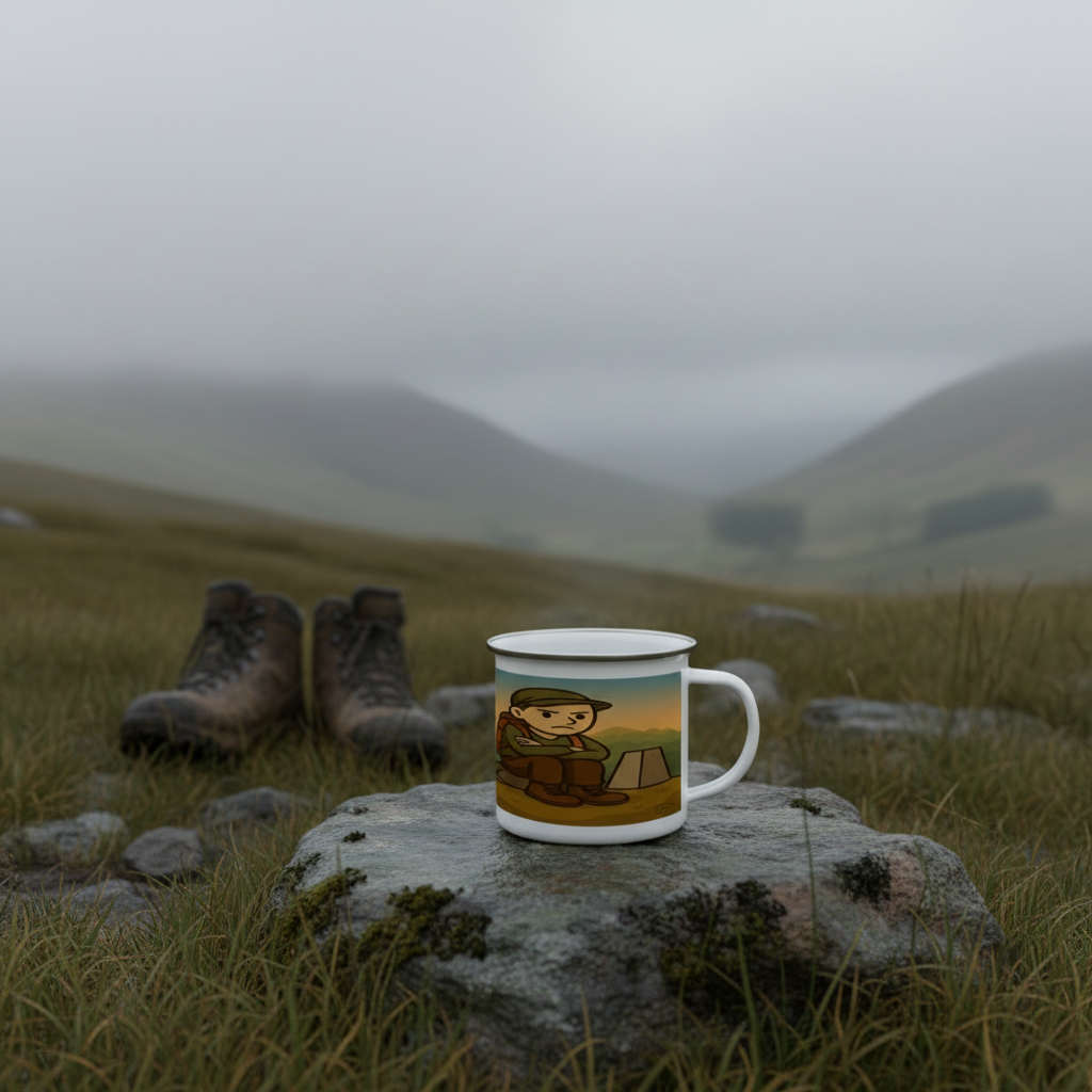Camping-themed mug on a wooden table with a campfire and tent in the background