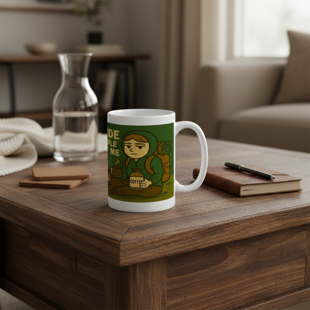 Mug with a graphic design on a wooden table in a cozy living room.