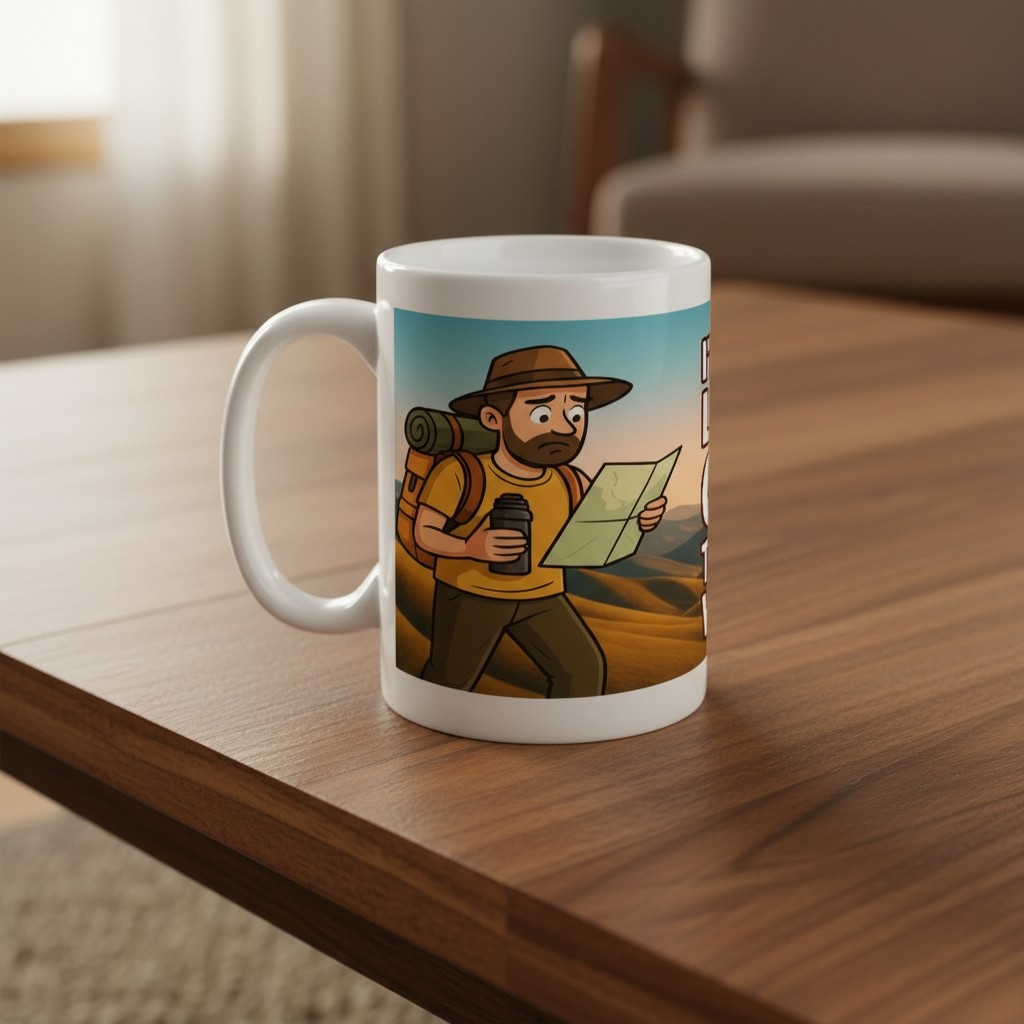 Mug with a cartoon character of a hiker on a wooden table