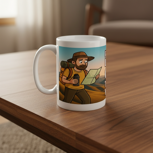 Mug with a cartoon character of a hiker on a wooden table