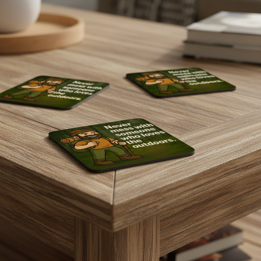 Three green coasters with cartoon characters and text on a wooden surface.
