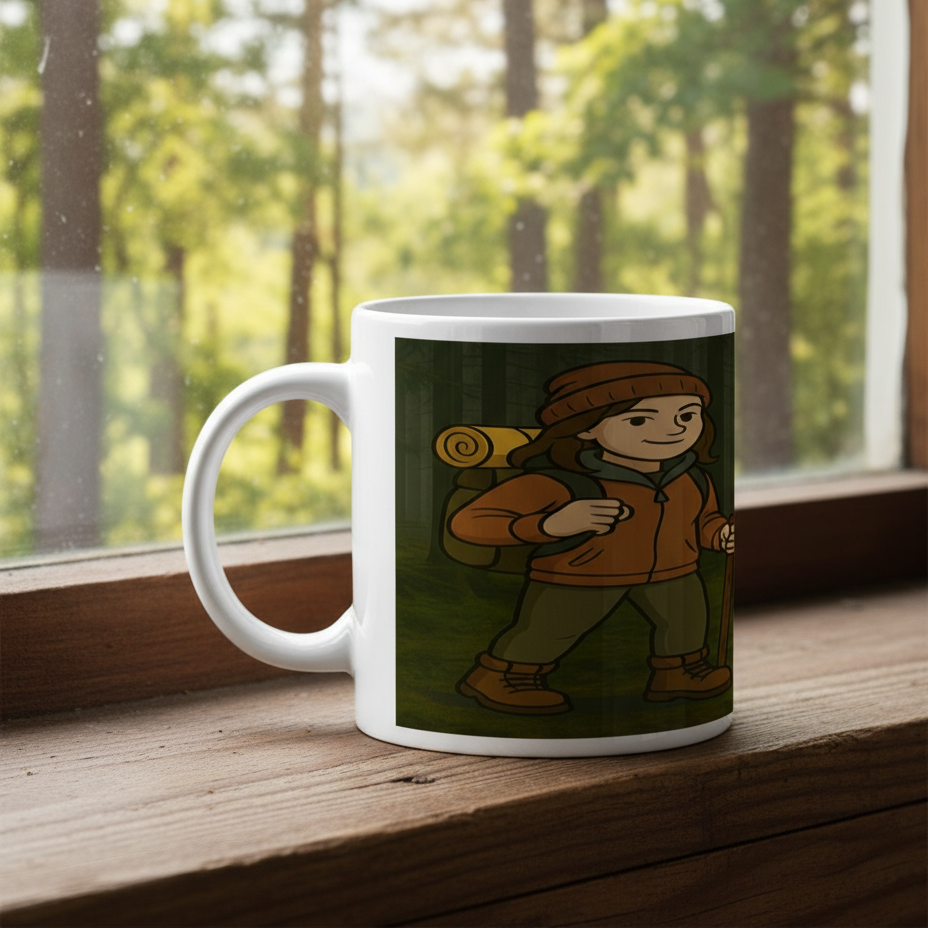 Mug with a graphic of a person in outdoor gear on a wooden surface with a window view of trees.