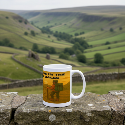 White ceramic mug with hiking-themed design and text "I’d Rather Be in the Yorkshire Dales for Him" against a yellow.