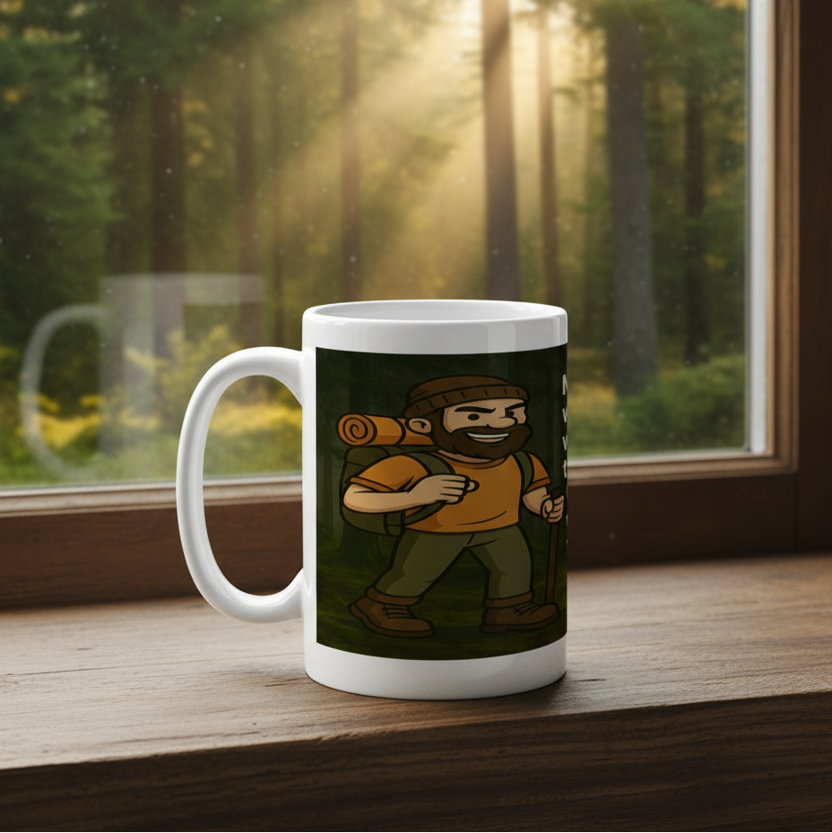 Mug with a cartoon character on a windowsill with a forest background