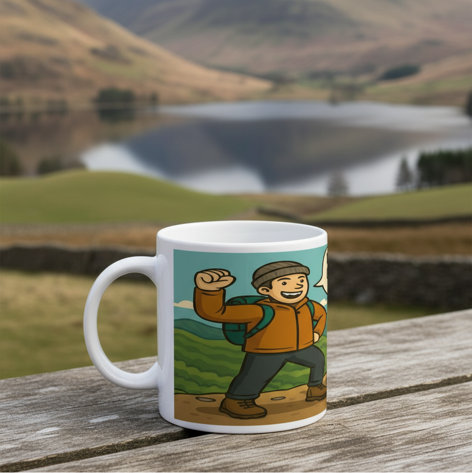 Mug with a hiking illustration on a wooden surface with a mountainous landscape in the background