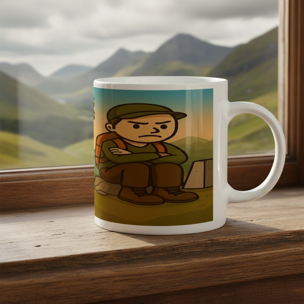 Mug with a cartoon character on a wooden table