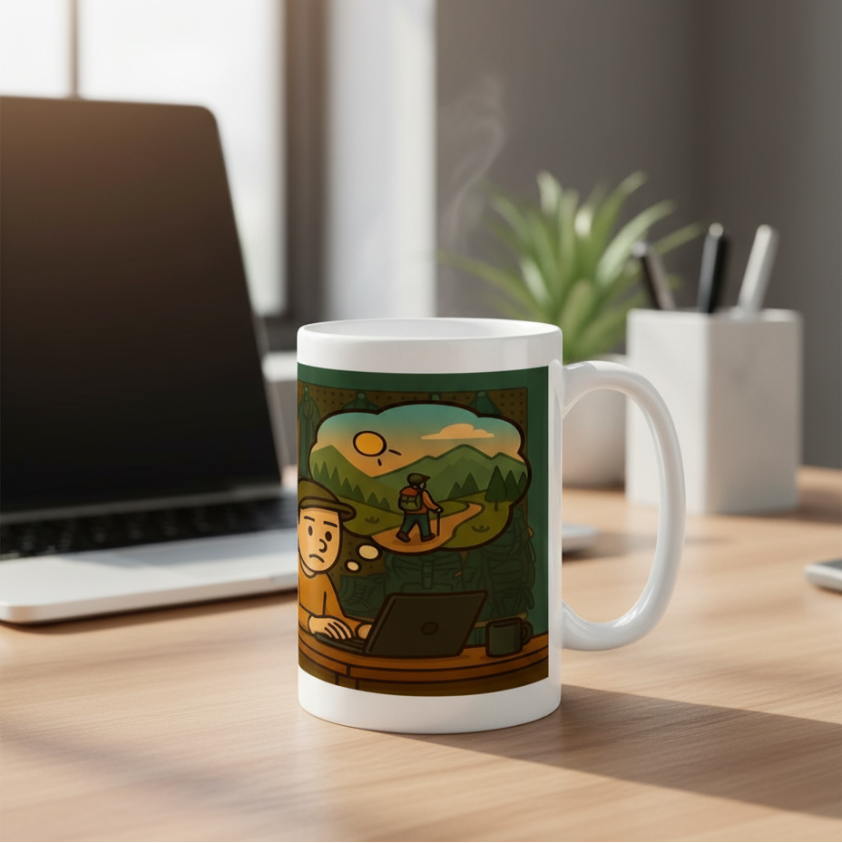 Mug with a scenic design on a desk with a laptop and office supplies.