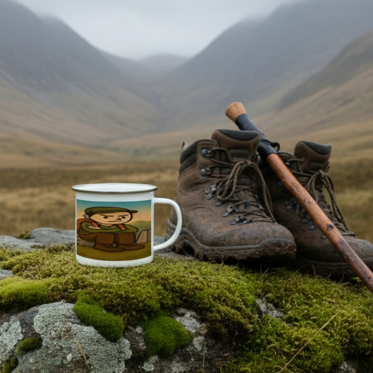Mug with a cartoon character on a wooden table outdoors
