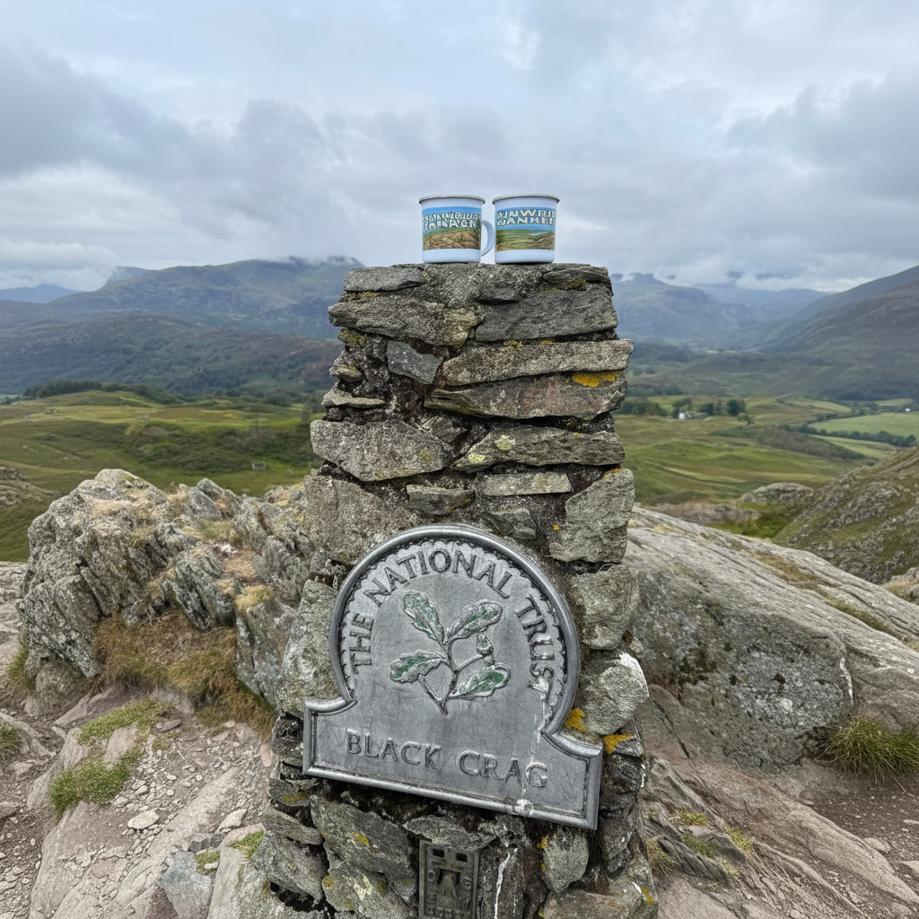 White enamel mug with green and blue Wainwright Wanker text and Lake District design.