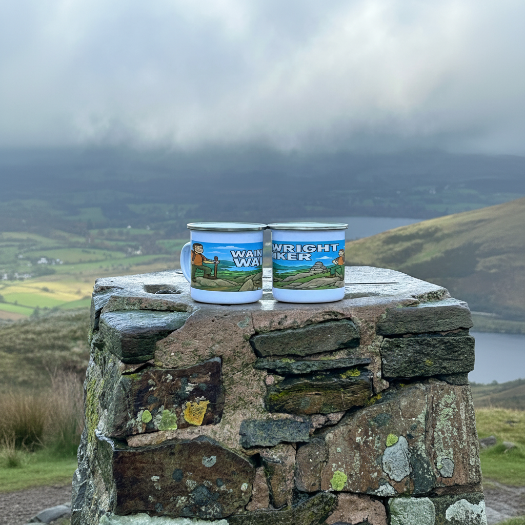 White enamel mug featuring colorful Lake District landscape and "Wainwright Wanker" text design, 12oz size.