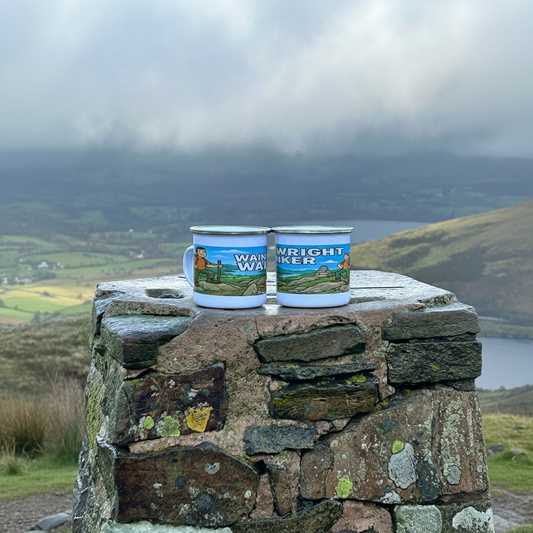 White enamel mug featuring colorful Lake District landscape and "Wainwright Wanker" text design, 12oz size.